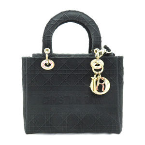 Dior Medium Embroidery Christian LADY Handbag Black D-LITE Bag Cannage Canvas